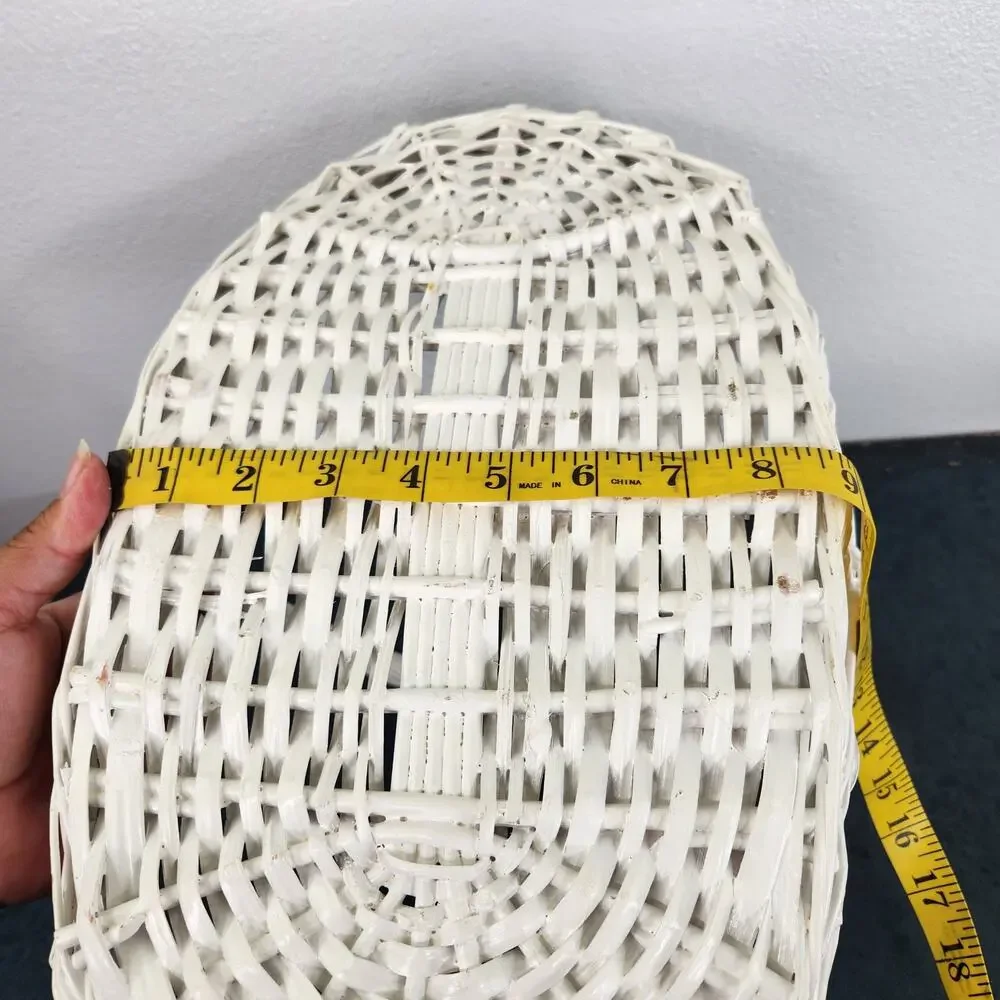 Vintage White Flat Wicker Gathering Basket With Handle Harvest Garden Farmhouse